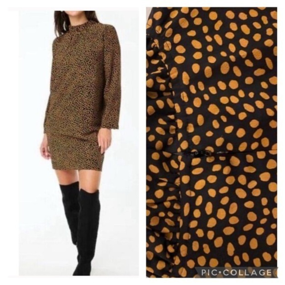 J.Crew Factory Ruffleneck shift dress Black Golden Brandy Size 8